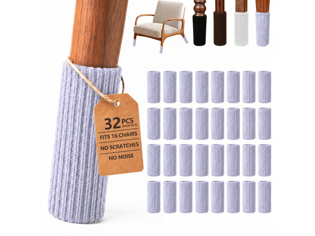 32 PCs Furniture Leg Socks - High Elastic Knitted Chair Leg Floor Protectors, Thickening Gray Chair Leg Covers Set, Move Easily and Reduce Noise...