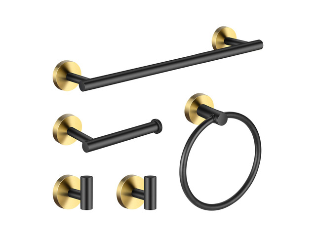 5 Pieces Bathroom Hardware Set Black Gold, Towel Rack Including 2pcs 16 inch Tower Bar, Towel Ring and 2 PCS Towel Hooks