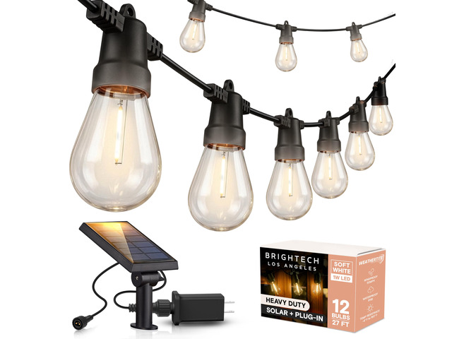 Ambience Hybrid Outdoor String Lights - Dual Plug and Solar Powered Waterproof LED Light String for Outside - 27 Ft, Soft White Edison Bulbs, for...