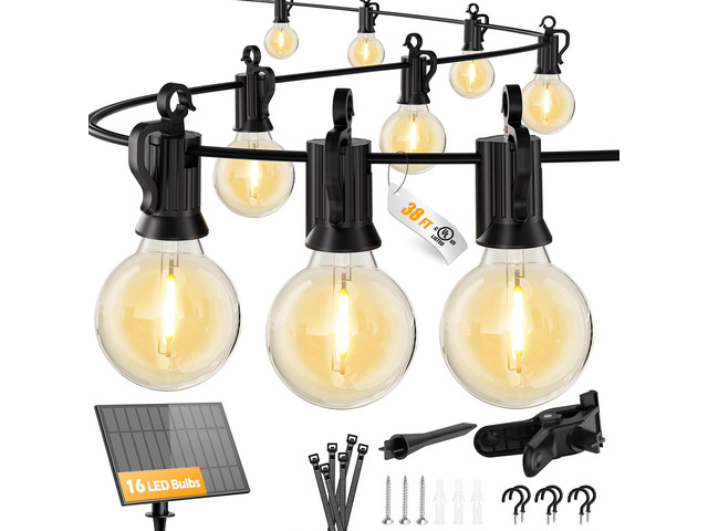 38FT 16 LED Solar String Lights Outdoor, 20h+ Runtime, USB Port Shatterproof Bulbs, Auto On-Off, Patio Lights Solar Powered with a Mount Clips for...