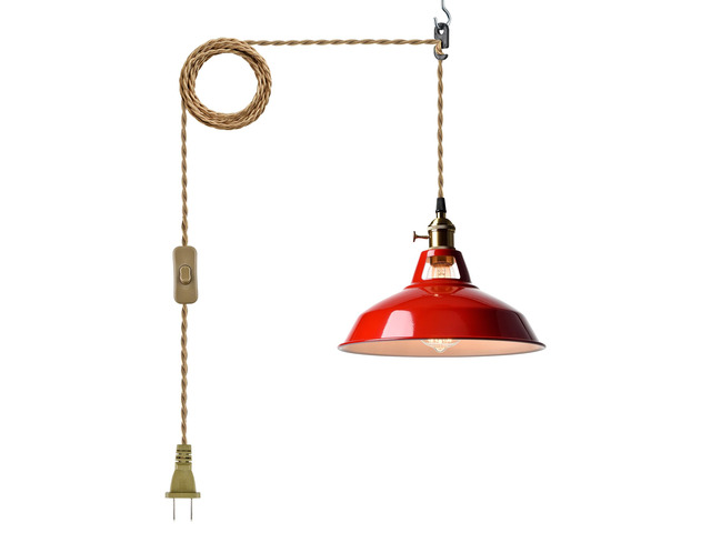 Plug-in Pendant Light Vintage Red Barn Shade-10.06' W with Switch Flexible Hanging Light, Adjutable 216.5'L Cord with On-Off Switch Swag Lamp for...
