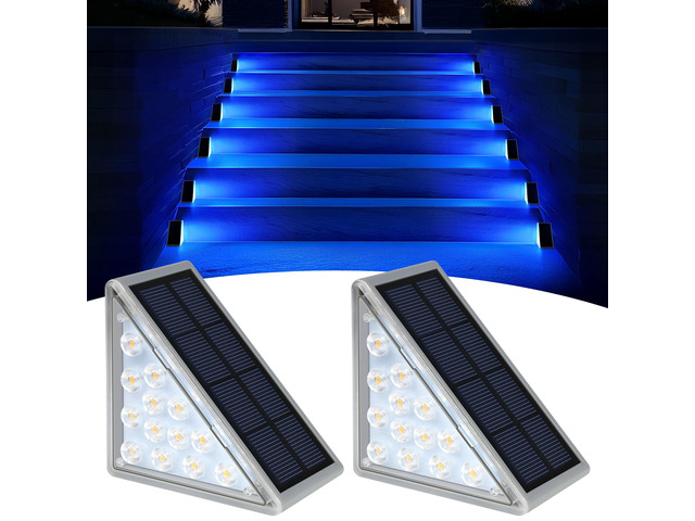 2 Pack Solar Stair Lights, Outdoor Step Lights with Waterproof IP67, Blue Color LED Solar Light for Outside Light Decor for Stair, Deck, Front...