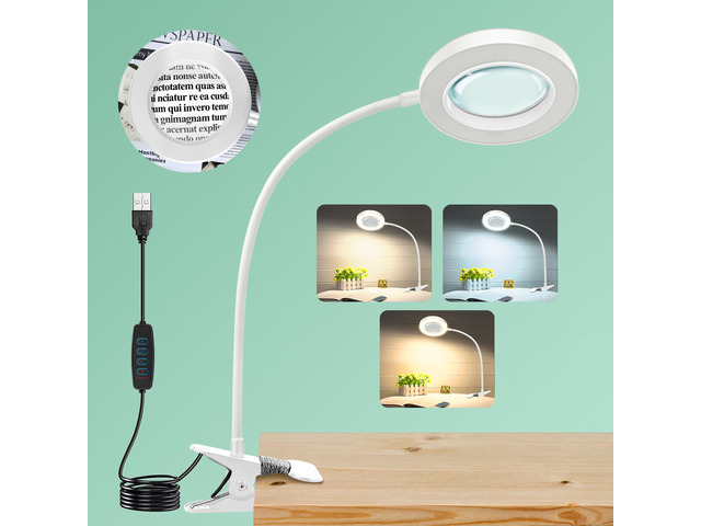 10X Magnifying Glass with Light and Stand,Hands Free Clip on Magnifier Lamp 48 LED 3 Color Modes 12 Brightness, Flexible Gooseneck Desk Light for...