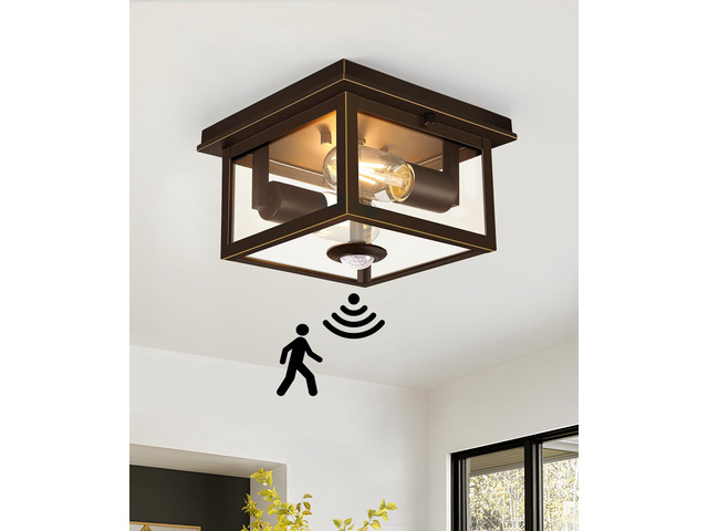 Motion Sensor Outdoor Ceiling Light with Remote, 8.5 Inch Brown and Gold Flush Mount Porch Light Fixture with United Glass Cover, 5 Modes Outside...