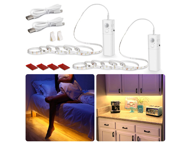 Rechargeable Motion Sensor Strip Light, Warm White LED Closet Lights 2X 6.56ft Upgraded Battery Operated LED Strip Light for...