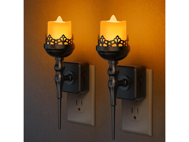 Halloween Night Light, Gothic Candle Night Lights, Amber 1600K 2 Pack vintage candle night lights plug into wall, 0-100% dimmable nightlight,...