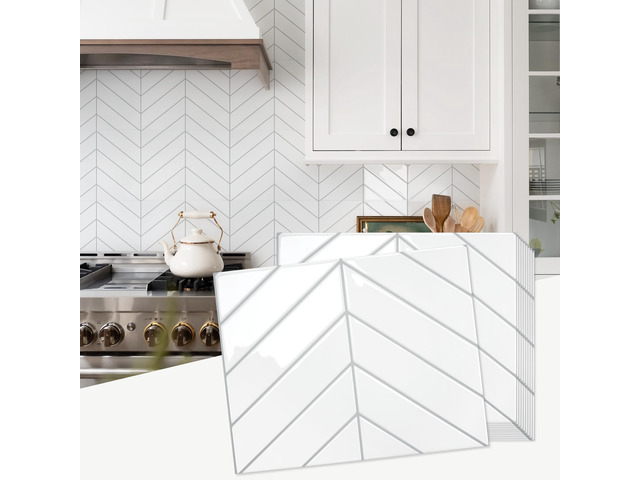 Herringbone Peel and Stick Backsplash, White/Grey Grout, 10 Sheets 12.6 x 9.7 in, Thicker Rectangular Vinyl Stick-On Wall Tiles, Easy Alignment,...