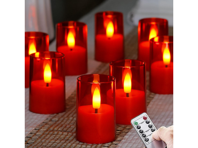 Flameless D: 1.7' H: 2.5' Small Tea Light LED Candles, Acrylic Battery Operated Votive with Remote Control and Timer, Tealight Red Flickering Warm...