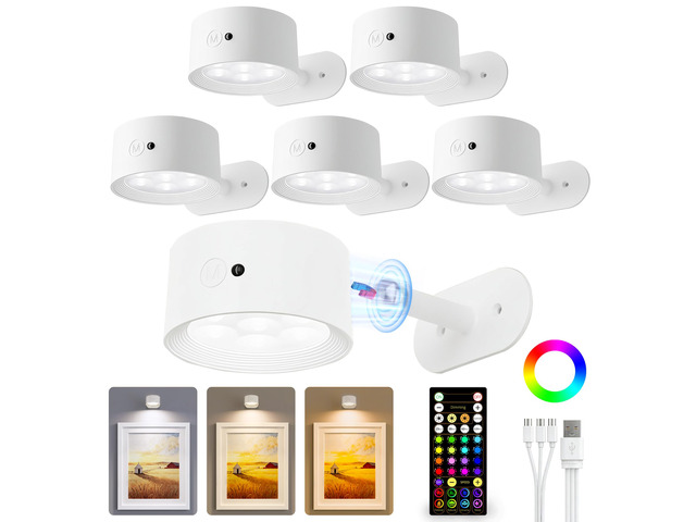 Picture Lights for Wall, Rechargeable Magnetic with Remote (White-6P) Rechargeable, Magnetic Mount, 360° Rotating, 3 Color Temps & RGB, Remote...