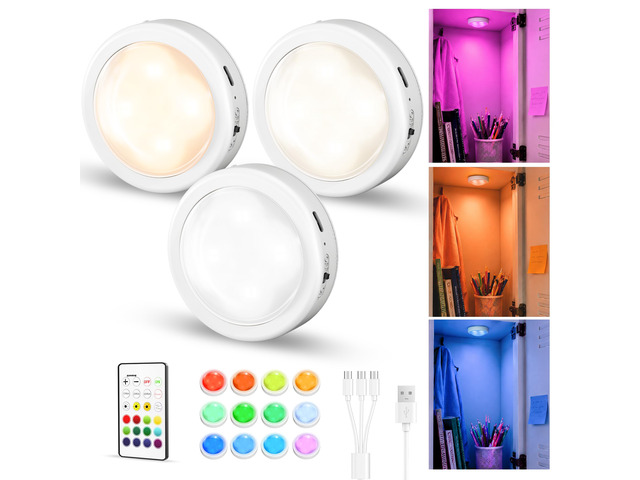 Rechargeable Locker Lights with Remote, Puck Lights, 2.95'' Mini Tap Lights, Dimmable Closet Light, 16 RGB Colors & 3 Color Temperatures, Stick-On...