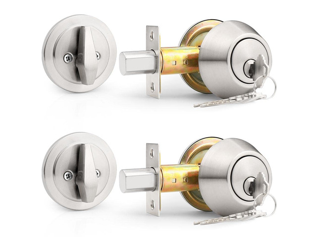 (2 Pack) Keyed Alike Single Cylinder Deadbolts Brushed Nickel (Combo Packs), Keyway Keys Handleset, 3 Keys Anti-Theft Interior& Exterior Door...