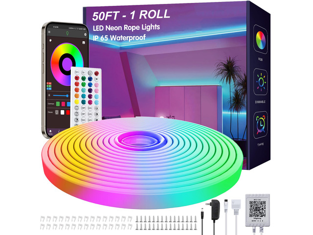 50ft RGB Led Neon Rope Lights, Remote App Control Led Rope Lights IP65 Waterproof Neon Strip Lights for Outdoor Music Sync, DIY Design Flexible Led...