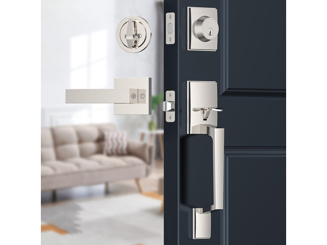 Satin Nickel Front Door Handle and Deadbolt Set for Entry Door Zinc Alloy, Front Door Lock Set, Exterior Door Handle Set, Reversible for Right &...