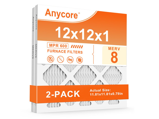 12x12x1 Air Filter 2 Pack MERV 8 Furnace HVAC AC Pleated Air Filters for Home Office MPR 600 FPR 5 (Actual Size: 11.81x11.81x0.79 inch)