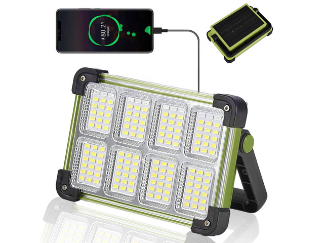 120W Solar Rechargeable Work Light, 144 LED Portable Flood Light with Stand, IP66 Waterproof 4 Modes LED Job Site Lighting Flashlights for Mechanic...