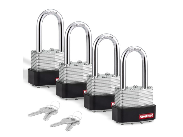 Laminated Steel Padlock with Hardened Steel Shackle, 4-Pack, Silver Four Keyed Alike Locks with 1-1/2 in Shackle to Clear Thick Hasps; 1-9/16 in...