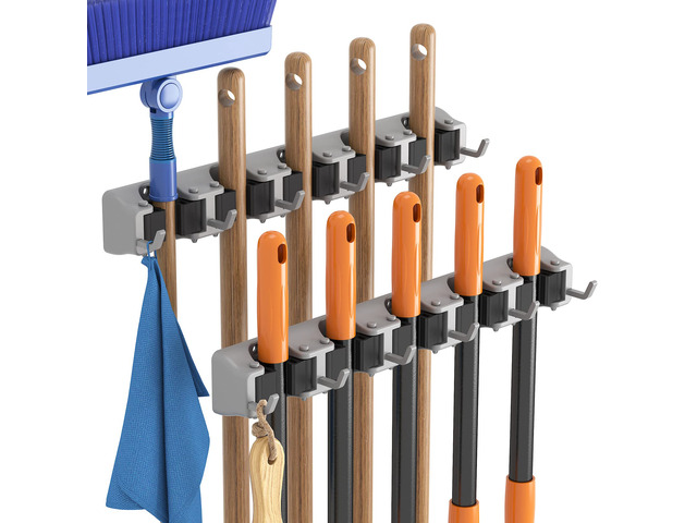 Mop and Broom Holder Organizer Wall Hanging Mount, Gray, 2 Pack Anti-Slip Broom Storage for Cleaning Organizer, Easy Install Tool Hanging Rack with...