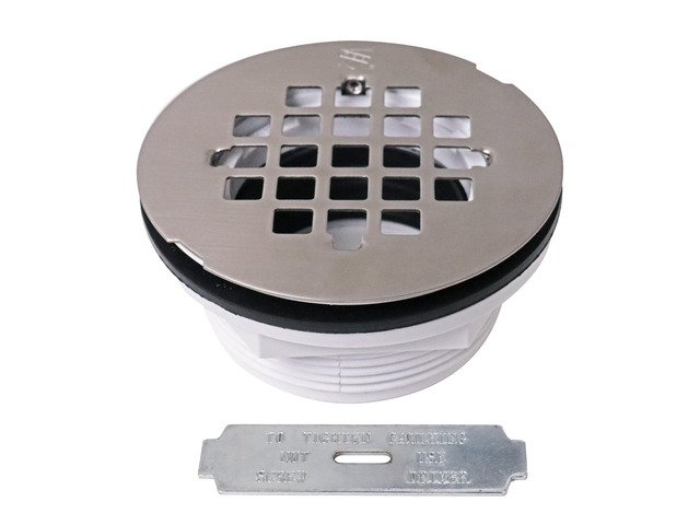 A206P-20 2' No-Caulk PVC Compression Shower Drain with 4-1/4' Round Grid Cover, Stainless Steel