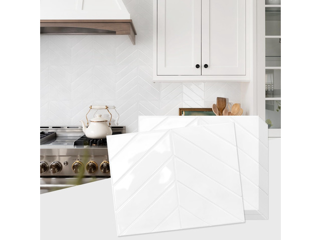 Herringbone Peel and Stick Backsplash, Pure White, 10 Sheets 12.6 x 9.7 in, Thicker Rectangular Vinyl Stick-On Wall Tiles, Easy Alignment,...