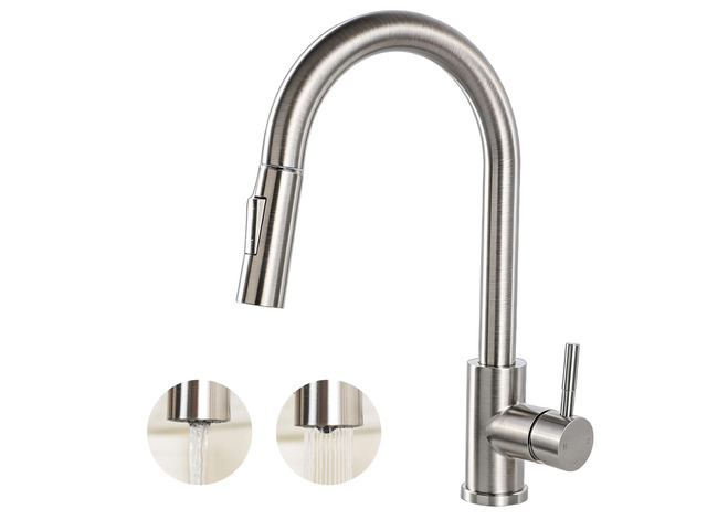 Kitchen Sink Faucet Brushed Nickel with Pull Down Sprayer, Single Hole Stainless Steel Bar Faucet, 360° Swivel Pull Out Sink Faucets for Kitchen,...