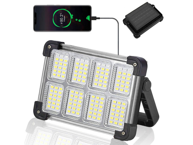 120W Solar Rechargeable Work Light, 144 LED Portable Flood Light with Stand, IP66 Waterproof 4 Modes LED Job Site Lighting Flashlights for Mechanic...