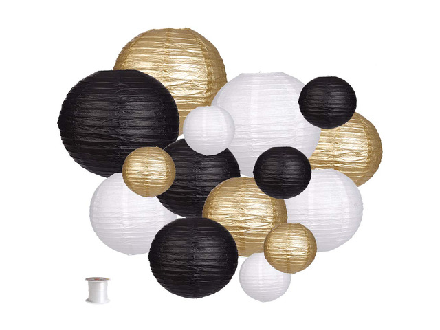 Round Hanging Paper Lanterns Black and Gold Party Decorations 15pcs Paper Lanterns Party Decorations for Wedding, Graduation, Anniversary, Birthday...