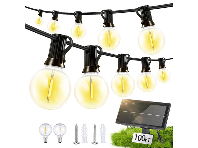 Solar Lights Outdoor Waterproof: G40 30M 100FT Shatterproof Bulbs Patio Lights - Solar Powered 3 Light Modes Solar Light - Camping Backyard Garden...