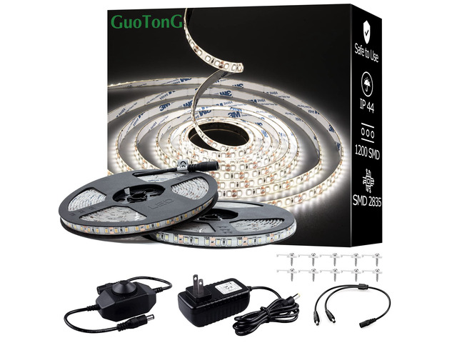 White LED Strip Lights, IP44 Waterproof 2835 LED Lights, 6000K 12V 65.6ft/20m Flexible Ribbon, Kitchen Cabinet Lighting, Outdoor/Indoor