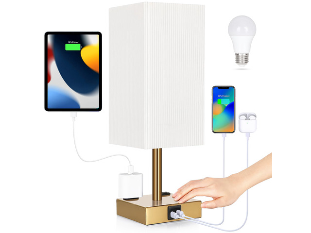 Bedside Lamp with USB Ports - Touch Control Table Lamp for Bedroom with USB C+A Ports & AC Outlets, 3 Way Dimmable Nightstand Light with Pleated...