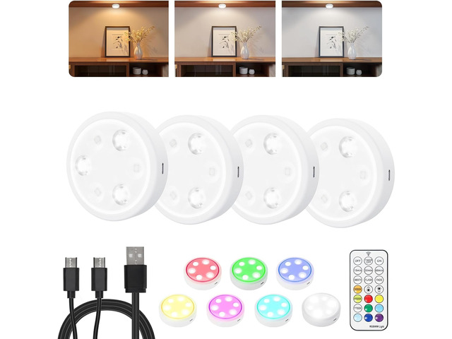 Puck Lights with Remote, 2000mAh Battery Operated Rechargeable Under Cabinet Lighting, 3 Color Temps & 7 RGB Colors, Magnetic Closet Light, White...