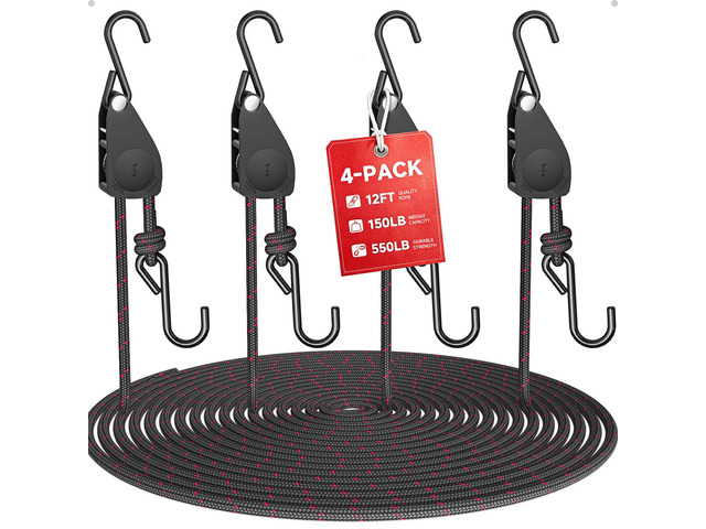 Rope Tie Downs Small Ratchet Straps, Adjustable Grow Light Hangers 4-Pack of 1/4' 12FT 150LB Load Capacity, Smooth Ratcheting Quick Release,...