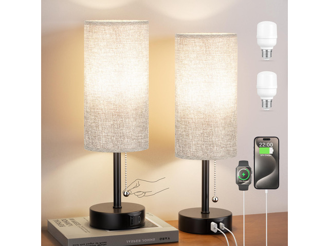 Grey Bedside Lamp for Bedroom Nightstand - Small Table Lamp Set of 2 USB A+C Ports, 3 Color Temperatures, LED Bulb Included, Grey Fabric Shade,...