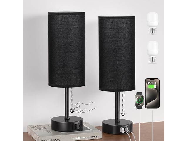 Black Bedside Lamp for Bedroom Nightstand - Small Table Lamp Set of 2 USB A+C Ports, 3 Color Temperatures, LED Bulb Included, Black Fabric Shade,...