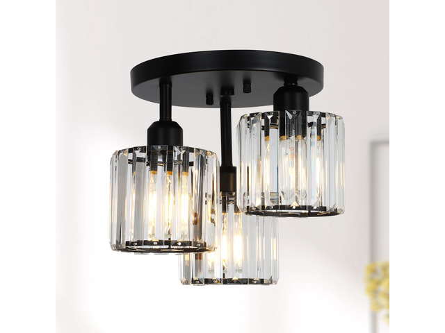 Crystal Semi Flush Mount Ceiling Light,3-Light Modern Close to Ceiling Light Fixtures,Black Kitchen Light Fixtures with Clear Crystal Shade,Hallway...