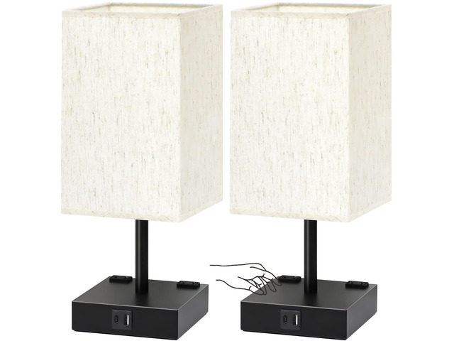 Bedside Table Lamps Set of 2 - Touch Nightstand Lamp for Bedroom with USB C+A Charging Ports & AC Outlets, 3-Way Dimmable Desk Lamp Flaxen Fabric...