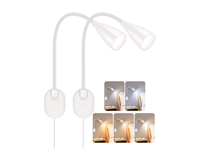 Wall-Mounted LED Bedside Reading Light USB Charging Port 2Pcs White 10-Level Dimmable & Adjustable 5 Color, Plug-in Adhesive Night Lamp for Books...