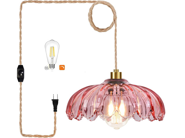 Pink Plug in Pendant Light Glass Hanging Lights with Plug in Cord Boho Hanging Lamp Gold Mid Century Modern Vintage Dimmable Flower Plug in...