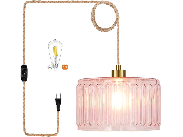 Pink Plug in Pendant Light Glass Hanging Lights with Plug in Cord Boho Hanging Lamp Gold Mid Century Modern Vintage Dimmable Flower Plug in...