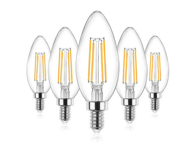 E12 Candelabra LED Light Bulbs 60 Watt Equivalent, Warm White 2700K, Non-Dimmable, 550 Lumen, Clear LED Filament Candle Bulbs, Pack of 5