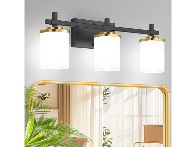3-Lights Black and Gold Bathroom Lighting Fixtures Over Mirror, Anti-Rust Vanity Wall Lights for Bathroom with Milky White Frosted Glass Shades,...