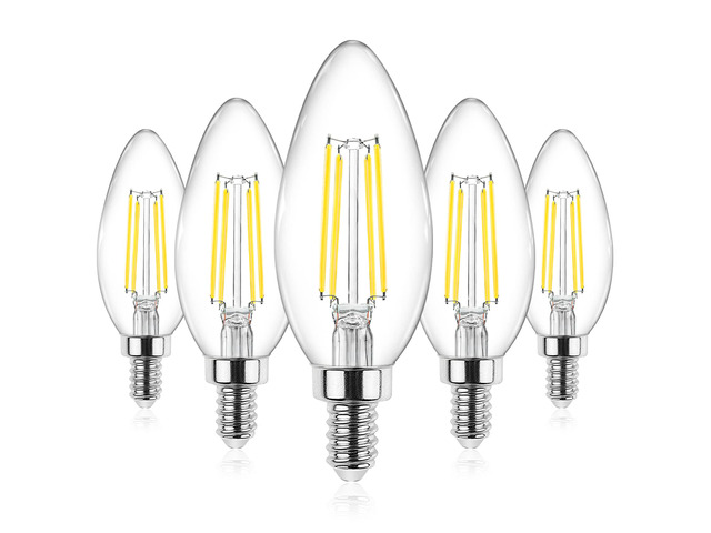 E12 Candelabra LED Light Bulbs 60 Watt Equivalent, Daylight White 5000K, Non-Dimmable, 550 Lumen, Clear LED Filament Candle Bulbs, Pack of 5