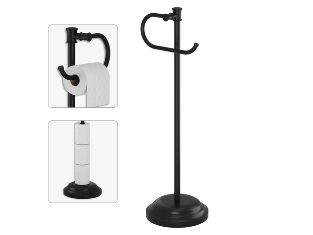 Toilet Paper Holder Floor Stand, Bathroom Freestanding Black Toilet Tissue Roll Holder, Free Standing Rack with Storage, Weighted Base Accessories,...