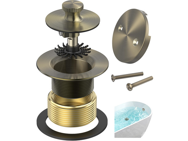 Antique Brass Bathtub Drain, Hair Catcher and 2-Hole Overflow Faceplate, 11.5/16 UNC, Lift and Turn Bathtub Drain Replacement, Tub Drain Stopper