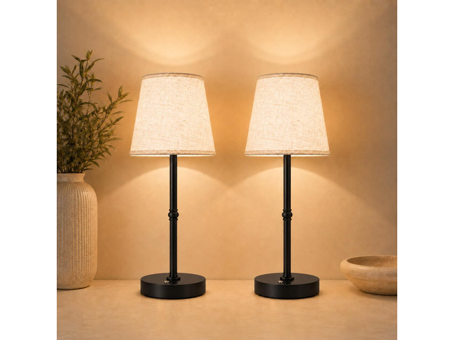 Cordless Rechargeable Table Lamp, 6000mAh USB-C Touch Dimming Black 2 Pcs Battery Operated Fabric Lamp for Kitchen Counter, Bedroom, Living Room &...