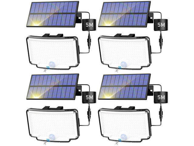 318 LED Solar Motion Lights Outdoor Waterproof with 16.4 FT Cable Cool White, Dusk to Dawn, 4 Pack /3 Modes, Security Flood Light for Outside...