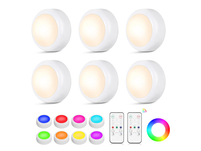 LED Puck Lights with Remote Control, 16 Color Changing Under Cabinet Lighting with Dimmer & Timer, AAA Battery Operated,Under for Closet Bedroom...