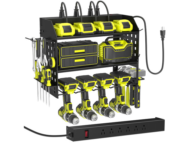 Power Tool Organizer Wall Mount with Charging Station,3 Layer,Black Metal Tool Storage Rack with 4 Drill Holders, Heavy Duty Power Tool Shelf for...