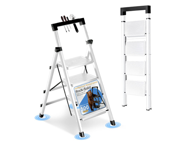 4 Step Ladder with Handrail Folding Step Stool with Tool Tray 500LBS Capacity Sturdy Carbon Steel Frame Anti-Slip Stripe Pedal for Home Kitchen...