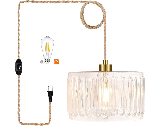Glass Plug in Pendant Light Hanging Lights with Plug in Cord Milk White Hanging Lamp Gold Dimmable Mid Century Modern Plug in Chandelier Ceiling...