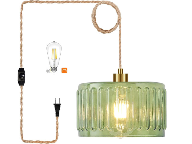 Plug in Pendant Light Hanging Lights with Plug in Cord Boho Hanging Lamp Glass Gold Mid Century Modern Vintage Dimmable Green Flower Plug in...